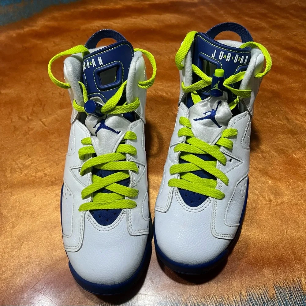 Jordan 6 Retro Fierce Green Basketball Athletic Shoes White Blue Size 6Y